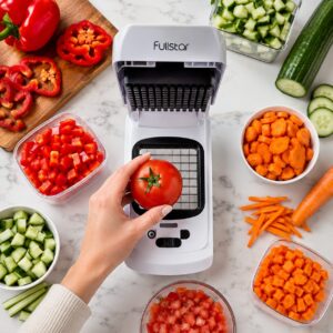 Fullstar 6-in-1 vegetable chopper with white base and catch tray